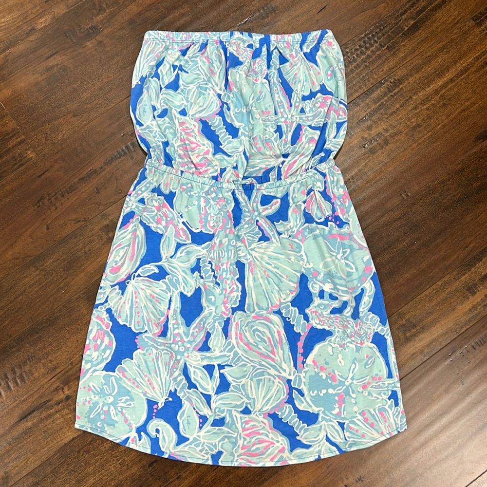 Lilly Pulitzer Blue Seashell Strapless Dress Women’s Size Medium
